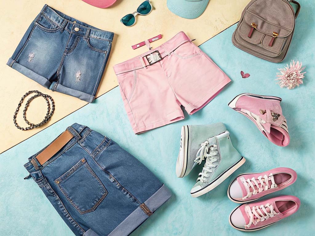 Denim and pink shorts styled with sneakers, accessories, a backpack, and sunglasses.