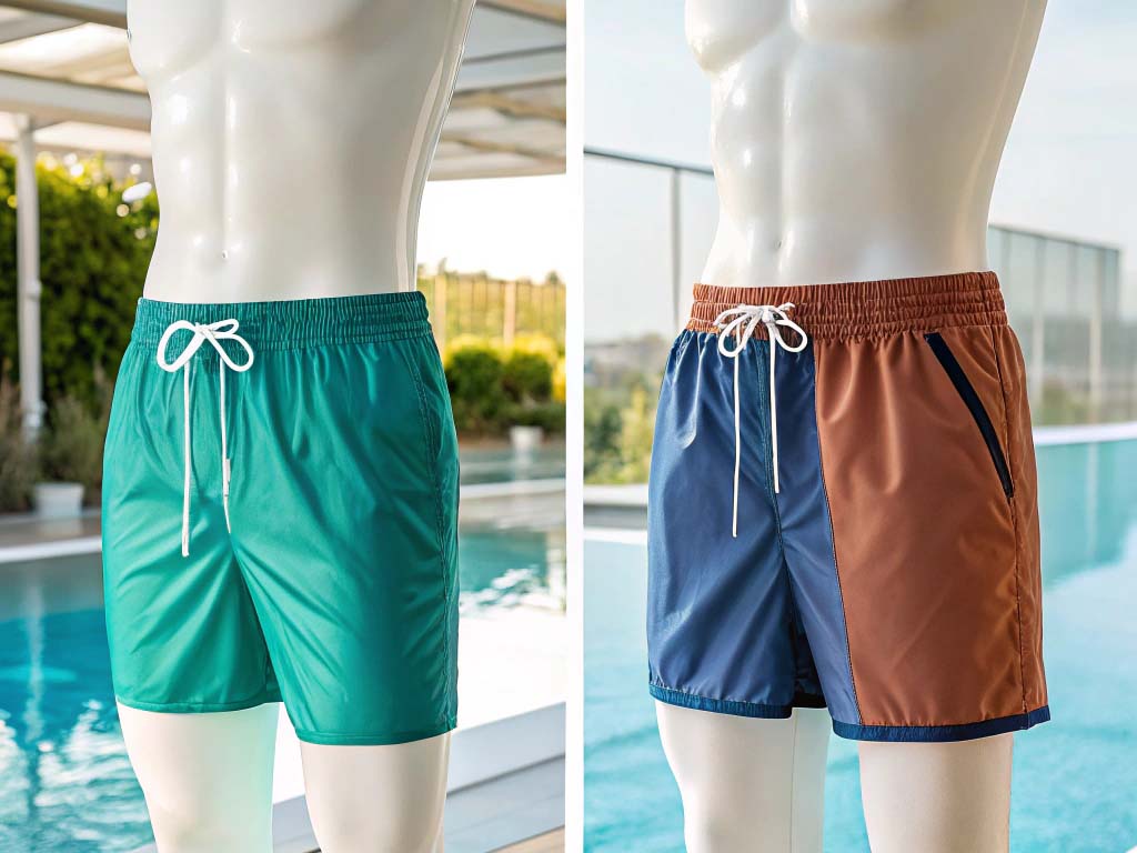 Mannequins wearing green and two-tone blue-brown swim trunks with drawstrings by a poolside.