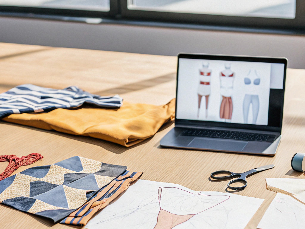 Workspace with fabric, sketches, scissors, and a laptop showing swimwear designs.