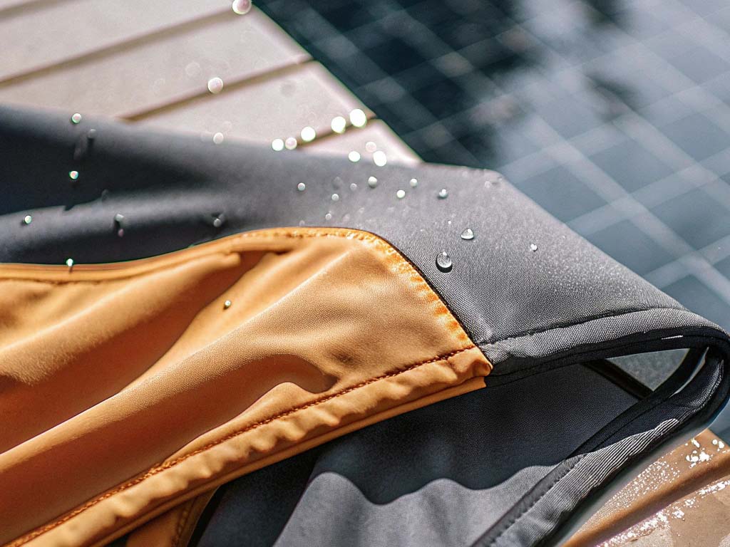 Close-up of orange and gray swimwear fabric with water droplets near a pool.