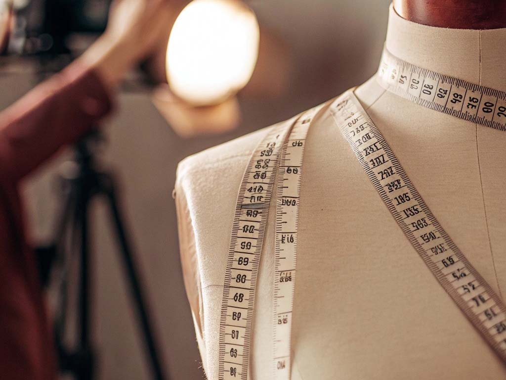 Mannequin with measuring tape draped around it in a tailoring studio, illuminated by soft lighting.