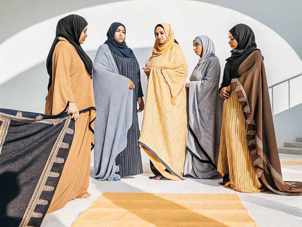 Group of women in elegant traditional attire, featuring earthy-toned fabrics with intricate patterns, standing in a modern, sunlit setting.