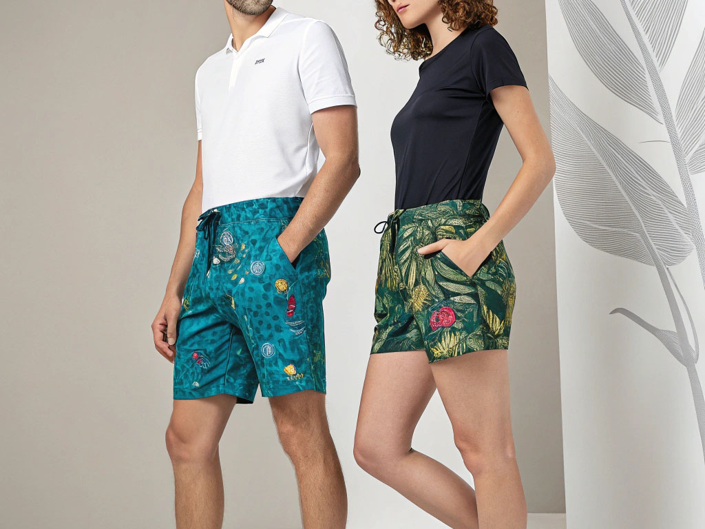 Man and woman wearing teal and green tropical print shorts with casual tops.