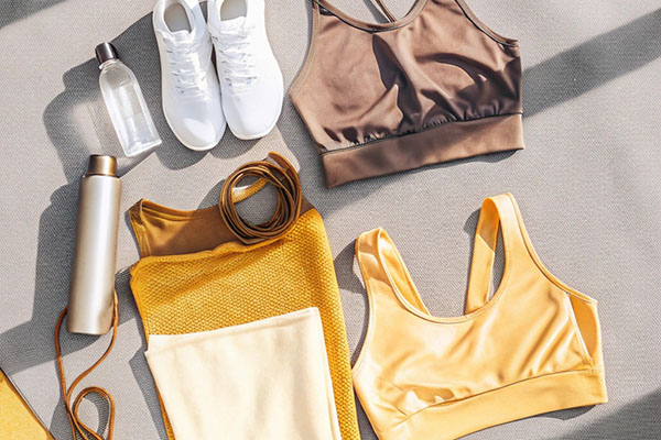 Flat lay of workout items including yellow and brown sports bras, leggings, a jump rope, sneakers, a water bottle, and a golden thermos arranged on a neutral surface in sunlight.