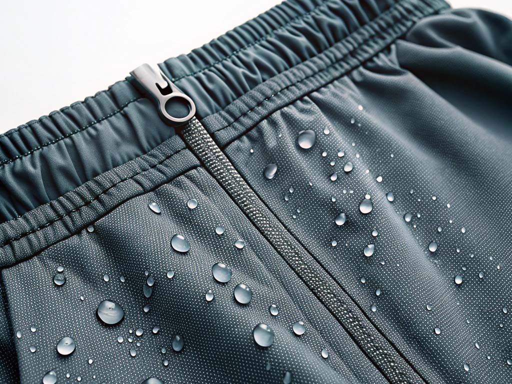 Close-up of gray athletic shorts with zipper and water droplets on the surface.