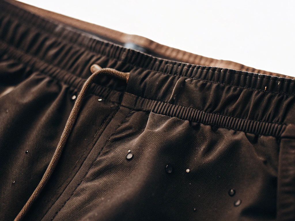 Close-up of brown water-resistant athletic shorts with drawstring and water droplets.