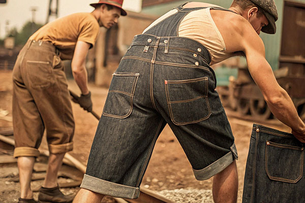 Two men wearing denim overall shorts working on a railway construction site.