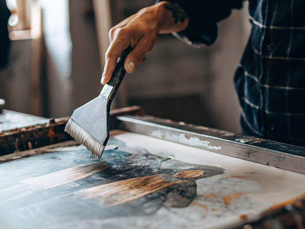 Person using brush for detailed screen printing design.