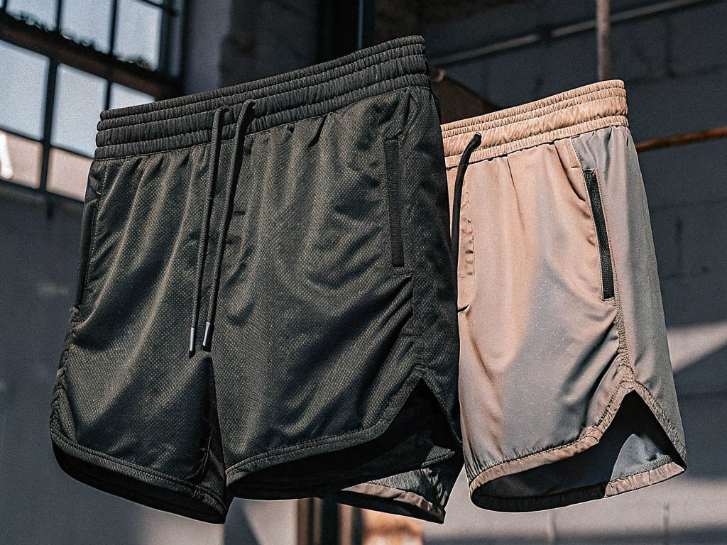 Black and beige athletic shorts with drawstrings and zipper pockets.