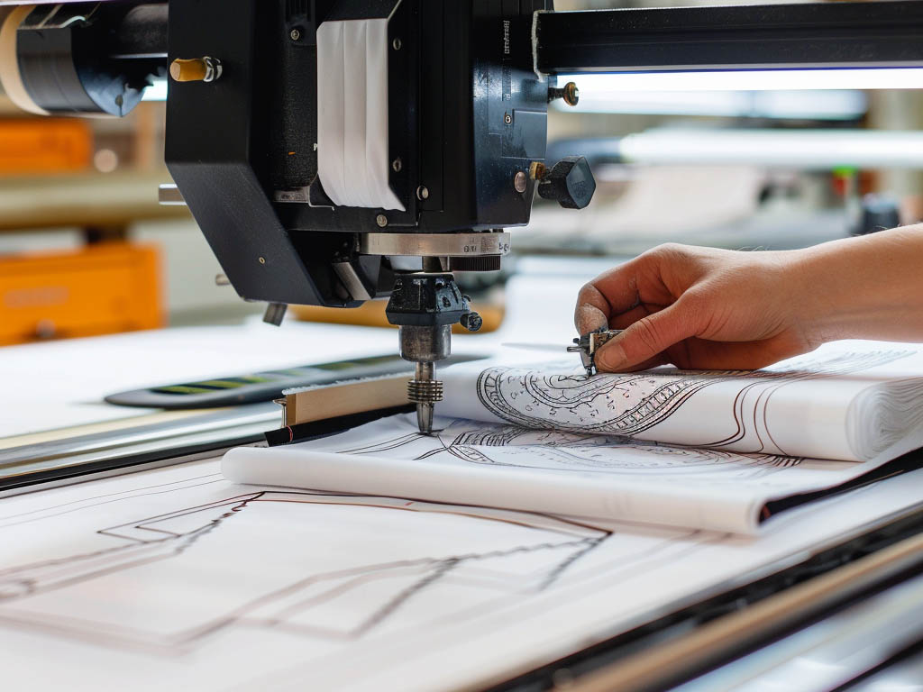 Close-up of an automated cutting machine processing detailed garment patterns on large sheets of paper in a textile factory.