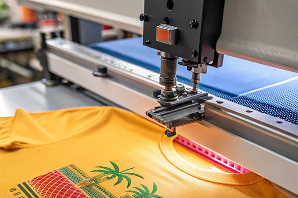 A machine printing a colorful design on a yellow T-shirt in a textile factory.
