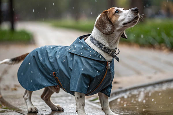 A beagle wearing a blue raincoat with raindrops on it, standing on a wet path and looking up.