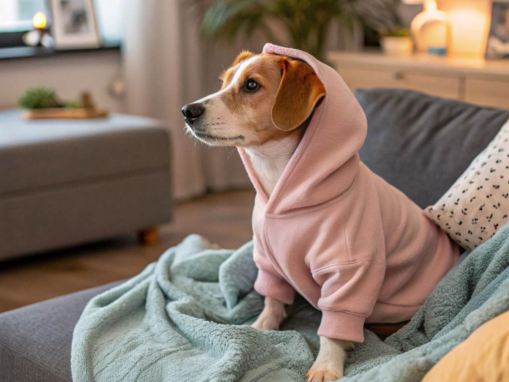 A beagle sitting on a couch, wearing a cozy pink hoodie with the hood up, in a warmly lit living room.