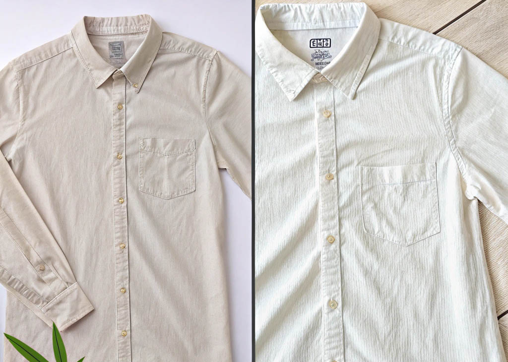 Side-by-side comparison of two beige button-up shirts with front pockets, laid flat.