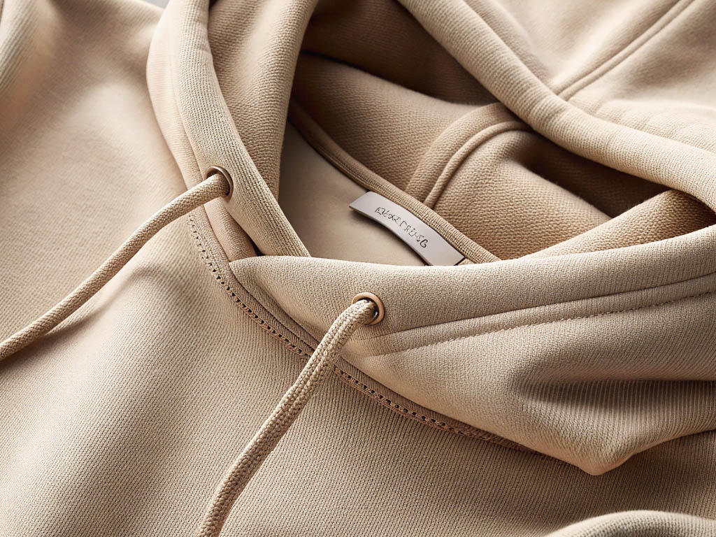 A close-up of a beige hoodie with drawstrings, highlighting the fabric texture and stitching details.