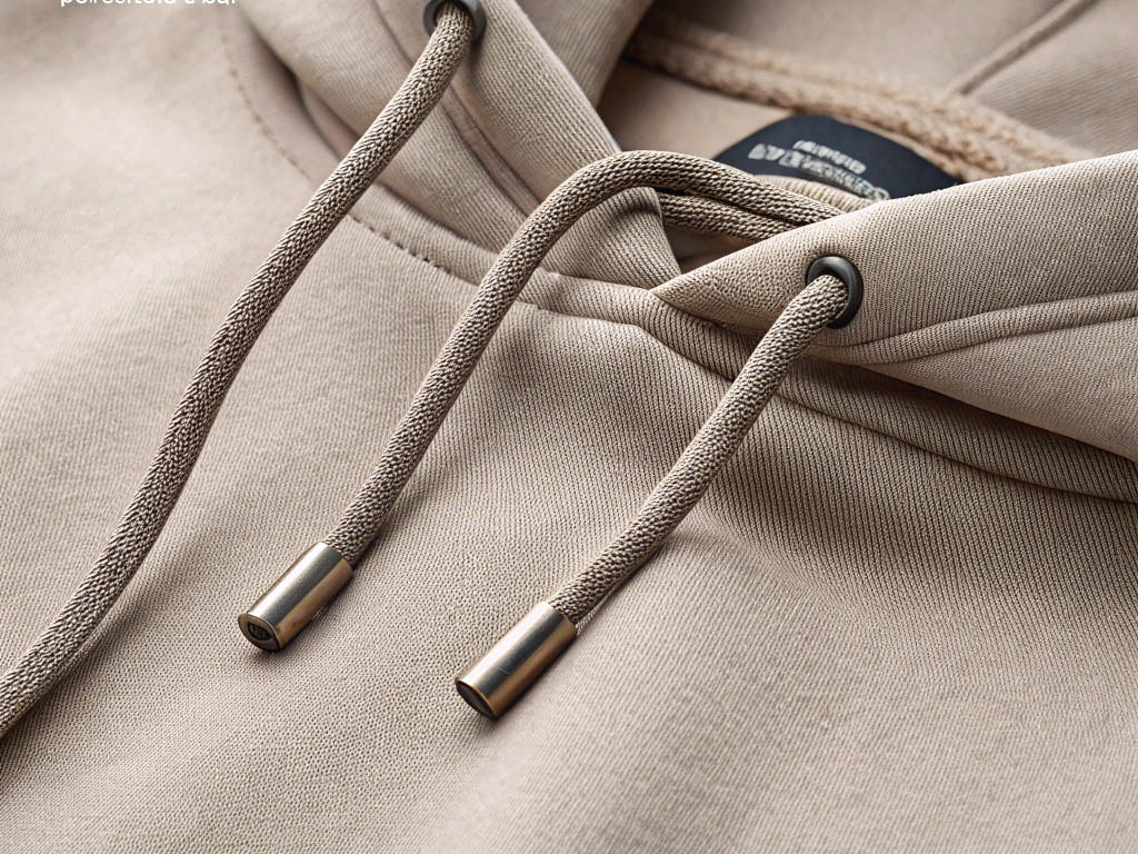 Close-up of beige hoodie drawstrings with metal aglets on soft fabric texture.
