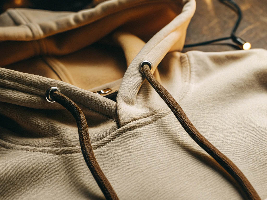 A beige hoodie with dark brown drawstrings, neatly laid out on a wooden surface with soft lighting.