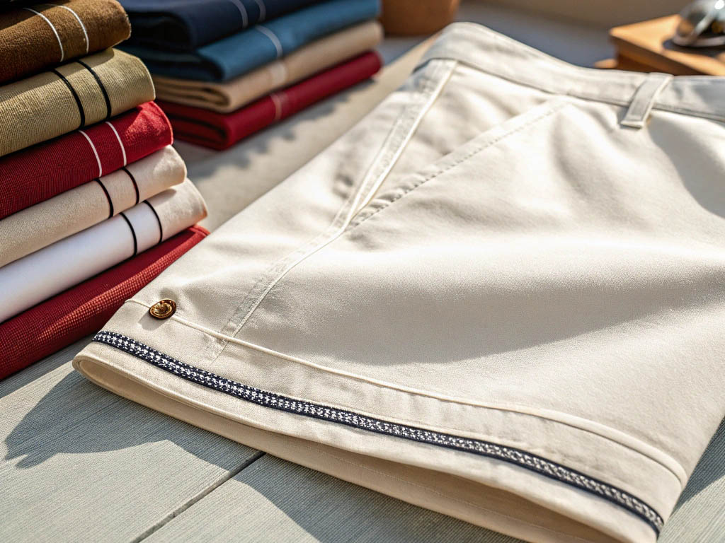Beige shorts with button detail and patterned hem trim.