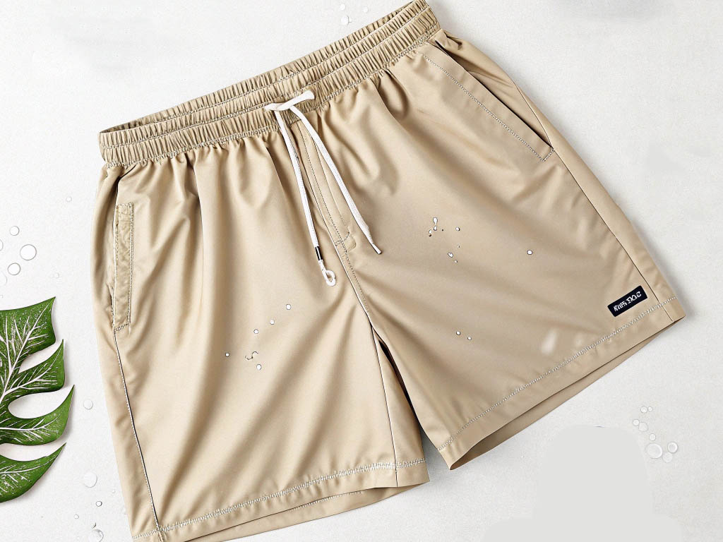 Beige swim shorts with drawstring waist and side pockets.