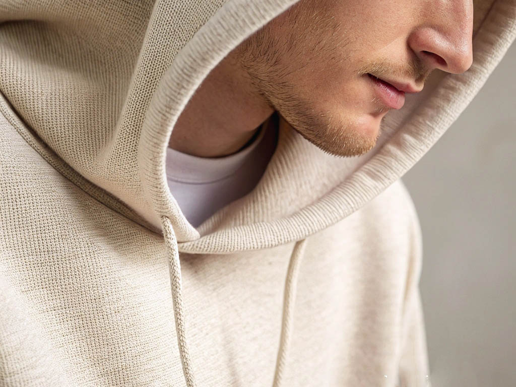 Close-up of a man wearing a beige textured hoodie with a relaxed fit and soft fabric.