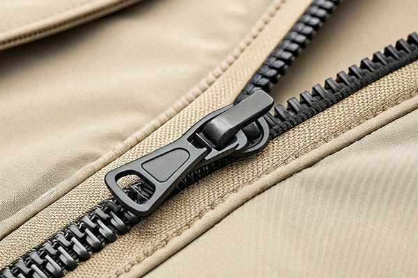 Close-up of a black plastic zipper on smooth beige fabric with visible stitching.