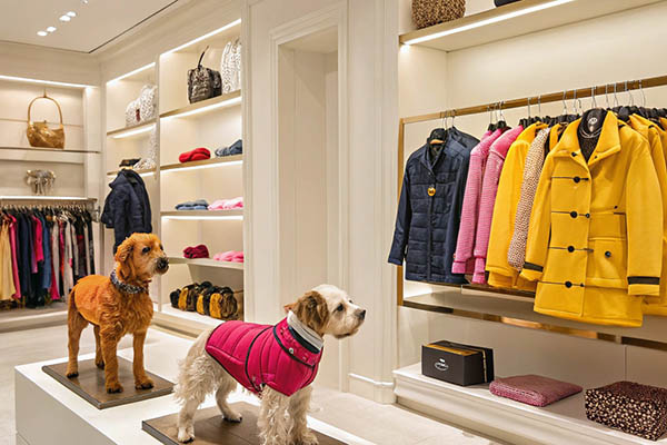 A clothing boutique with colorful jackets and accessories, featuring two dog mannequins dressed in stylish outfits.