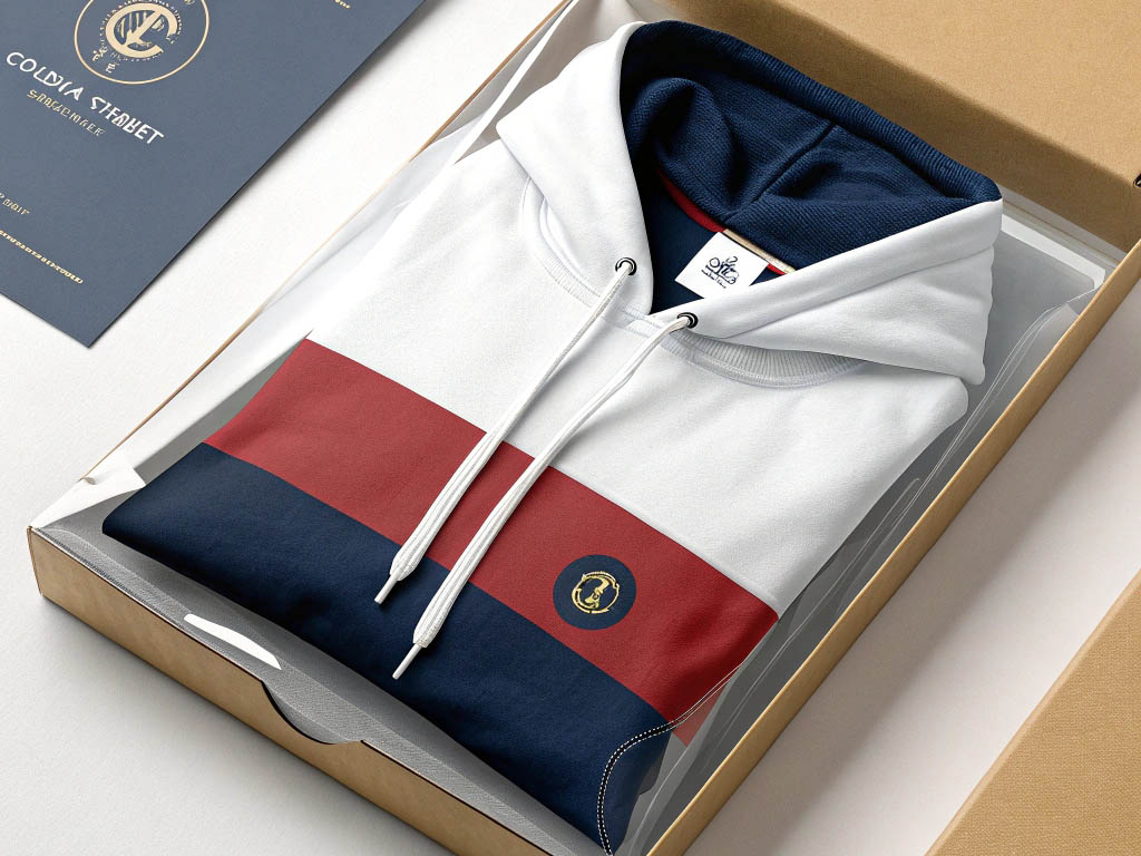 Folded hoodie with red and navy stripes in a branded gift box.