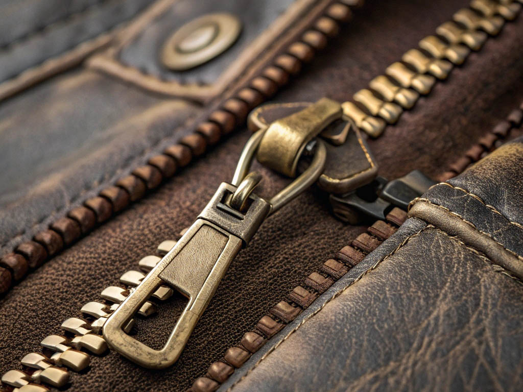 Close-up of a brass zipper on distressed brown leather with visible stitching and button detail.