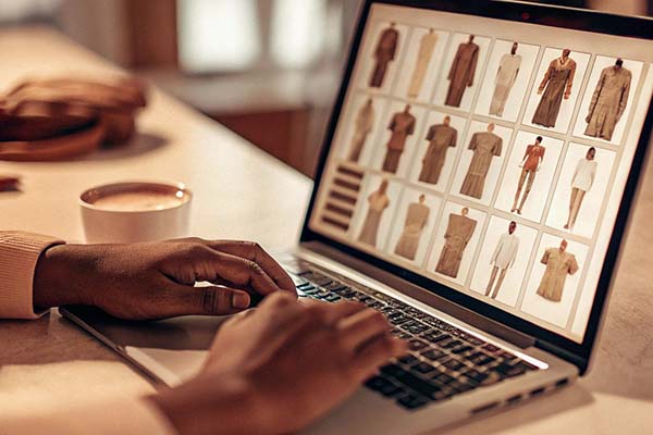 A person shopping for stylish clothing online, scrolling through a fashion catalog on a laptop with a cup of coffee nearby.
