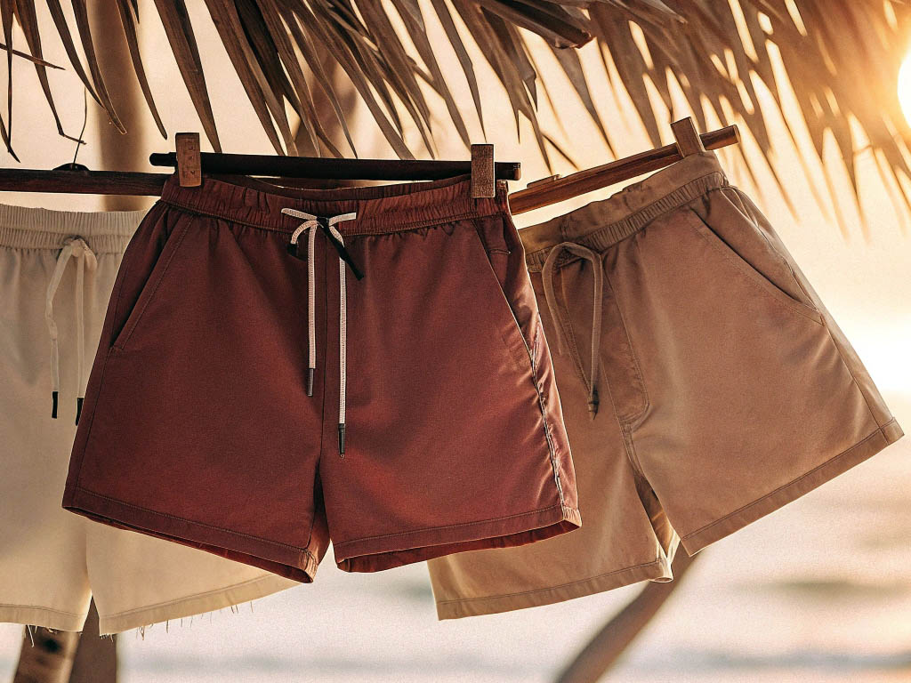 Three pairs of drawstring shorts hanging under palm leaves at sunset.