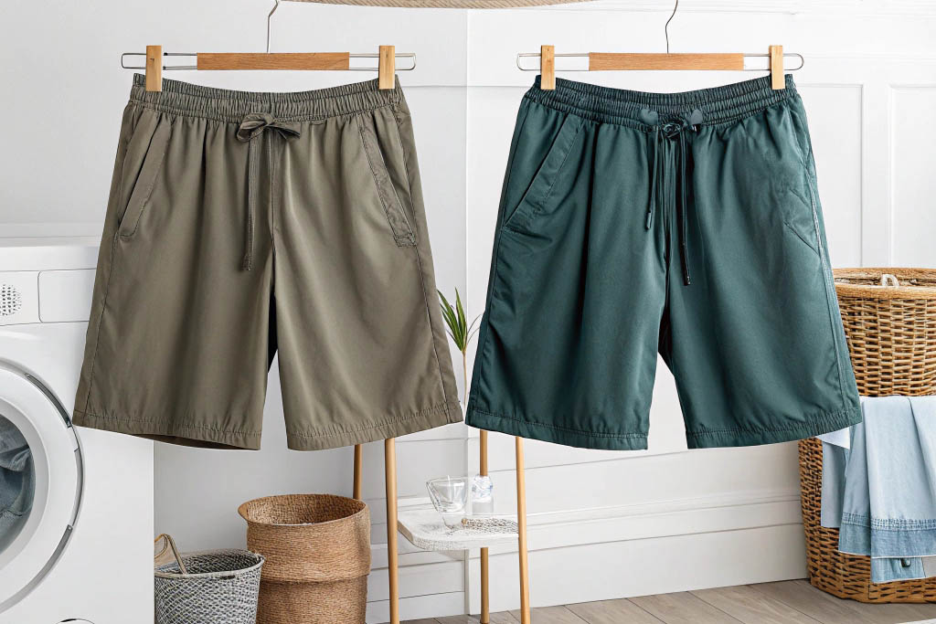 Olive and green drawstring shorts hanging indoors.
