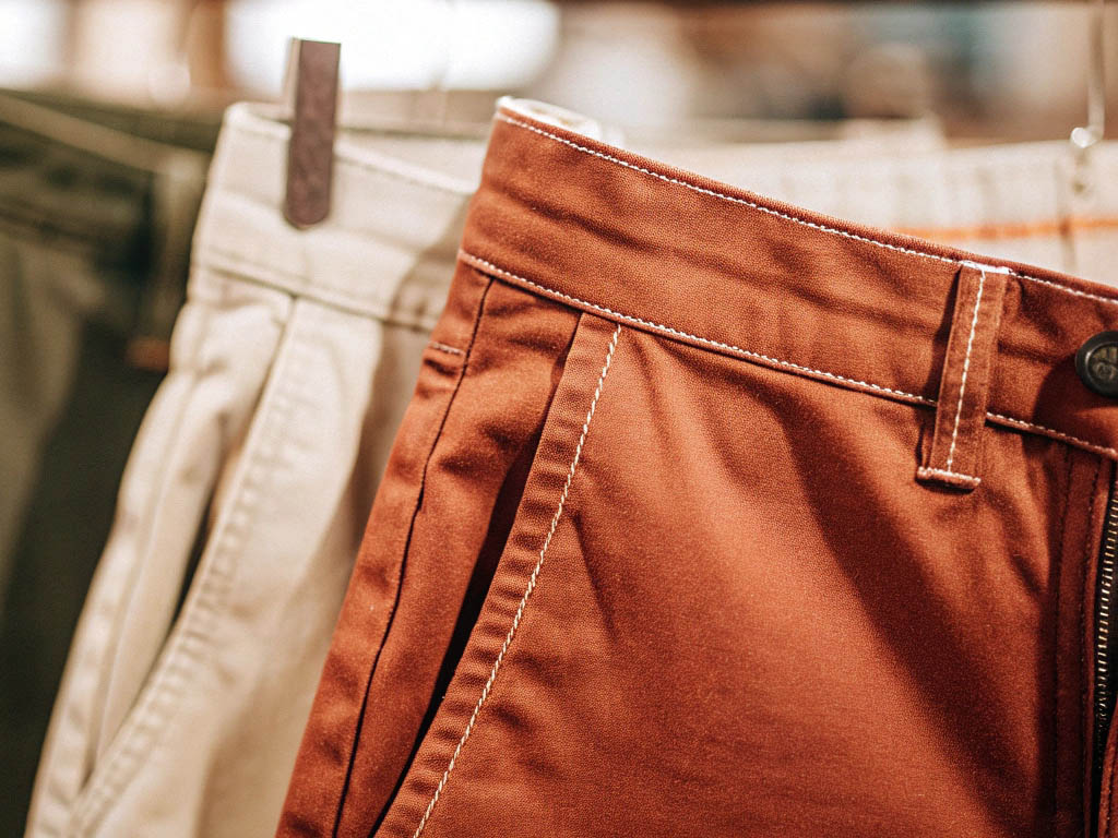 Close-up of beige and rust-colored pants hanging on rack.