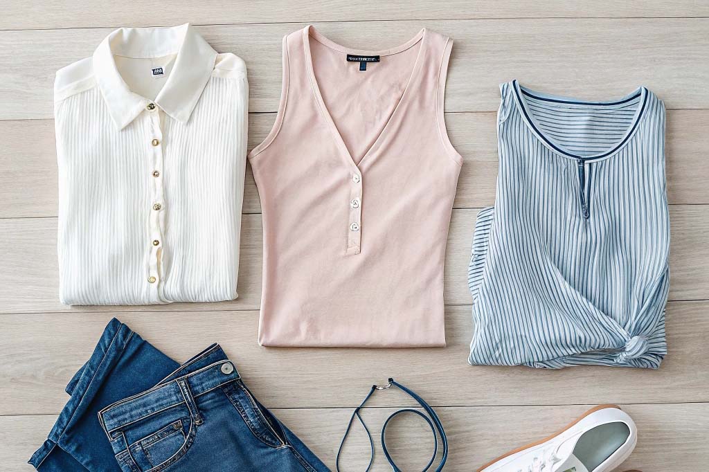 A neatly arranged flat lay of casual women's clothing, featuring a white button-up shirt, pink sleeveless top, striped blue blouse, denim jeans, a navy belt, and white sneakers.