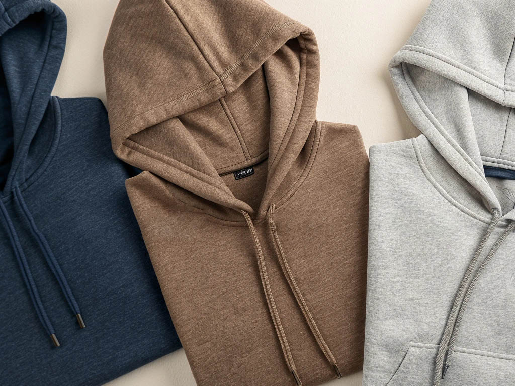 Three folded hoodies in navy blue, brown, and gray, featuring soft fabric and drawstrings.