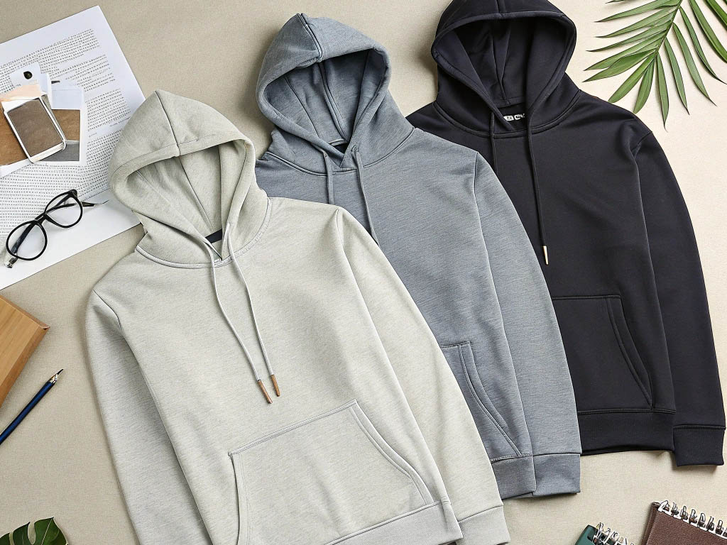 Three hoodies in beige, gray, and black, laid flat with accessories. Soft fabric and minimalist design.