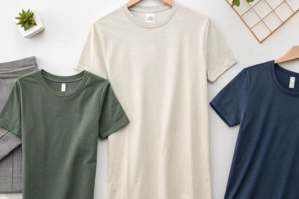 Three t-shirts in beige, green, and navy blue displayed on a white background with decorative elements.
