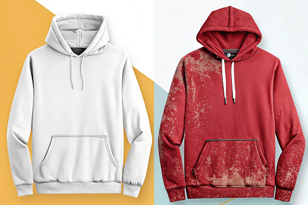 Side-by-side comparison of a plain white hoodie and a red hoodie with a distressed, aged effect.