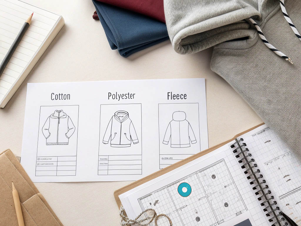 A workspace with sketches of cotton, polyester, and fleece jackets, along with fabric samples, notebooks, and a gray hoodie.