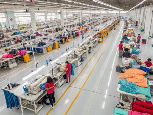 Large garment factory with workers and sewing machines.