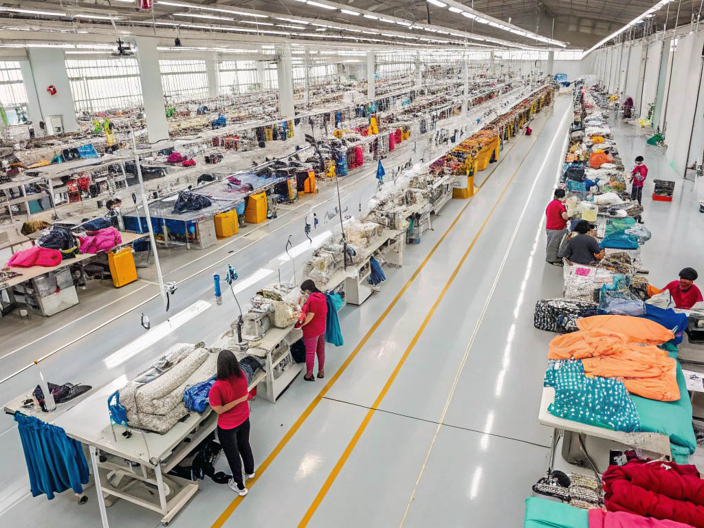 Large garment factory with workers and sewing machines.