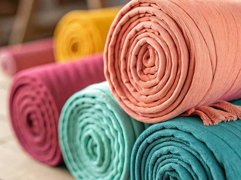 Neatly rolled fabric in various vibrant colors, including peach, teal, mustard, and burgundy, stacked on a table.