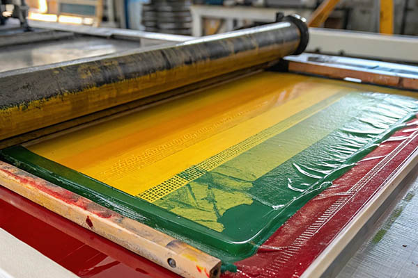 Industrial screen printing machine applying vibrant ink layers.