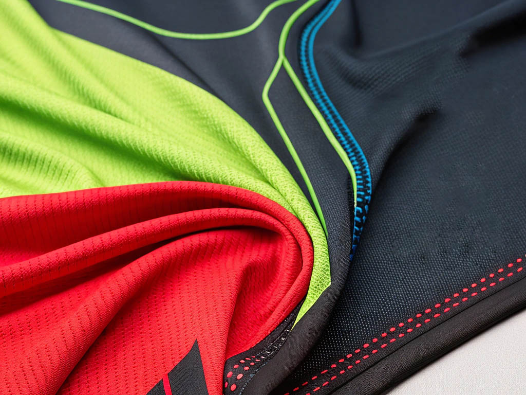 Red, green, and black athletic fabric with contrast stitching.