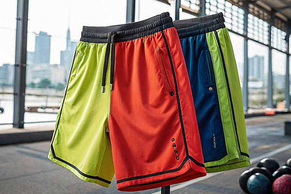 Neon yellow, red, and blue sports shorts with zipper pockets.