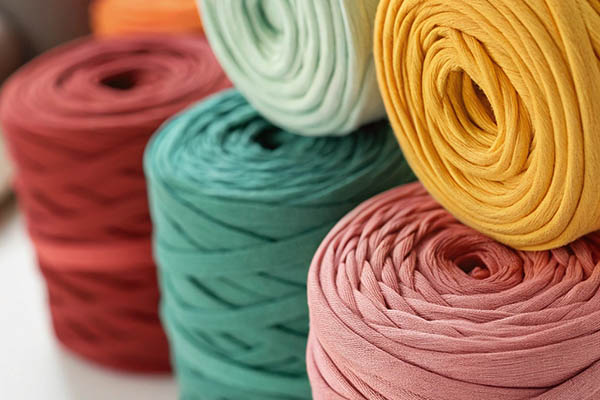 Stacked rolls of fabric ribbon in mustard yellow, green, pink, and burgundy, neatly arranged.