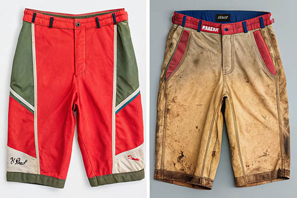 Red-green shorts and muddy beige shorts with red accents.