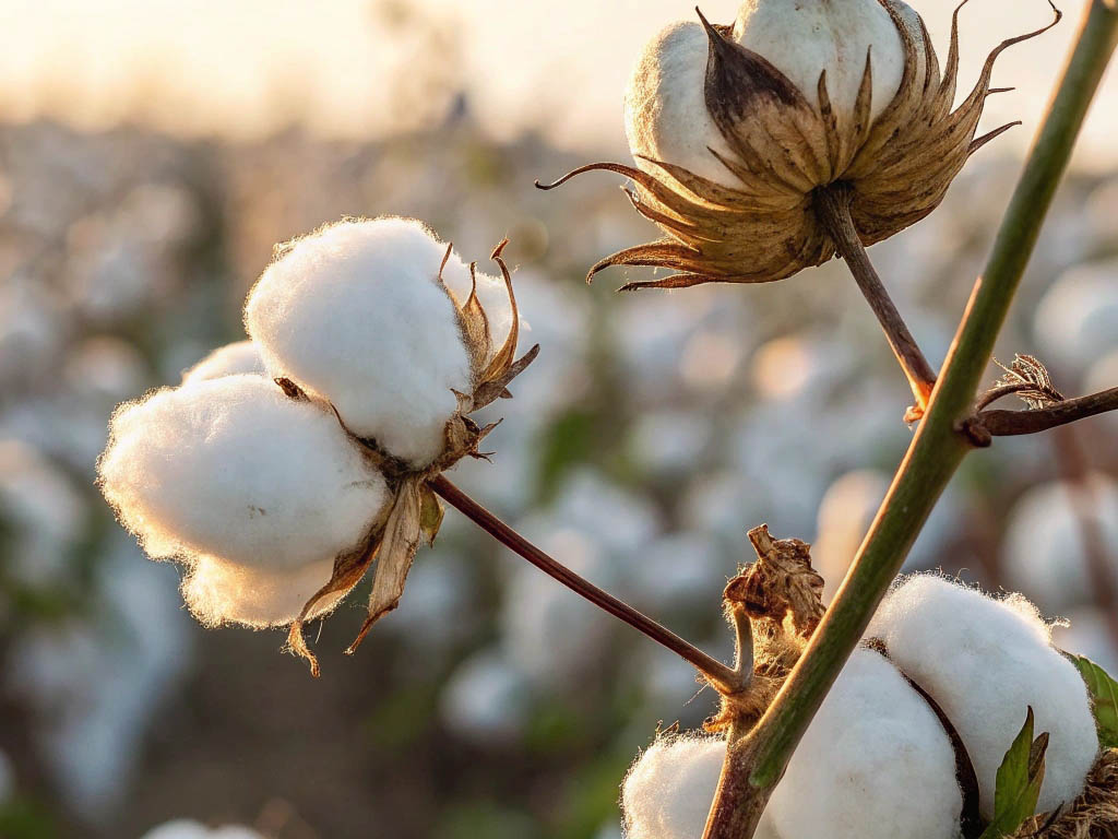 Close-up of cotton bolls on a plant, illuminated by warm sunlight, with a blurred cotton field in the background.