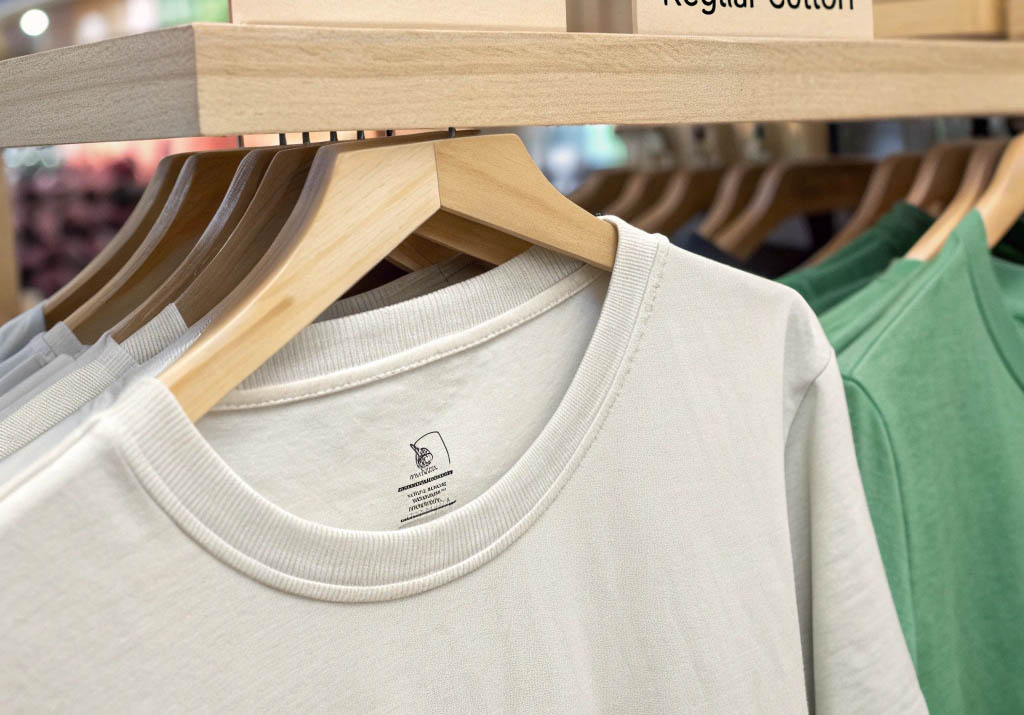 Close-up of white and green cotton t-shirts neatly hung on wooden hangers in a retail store.