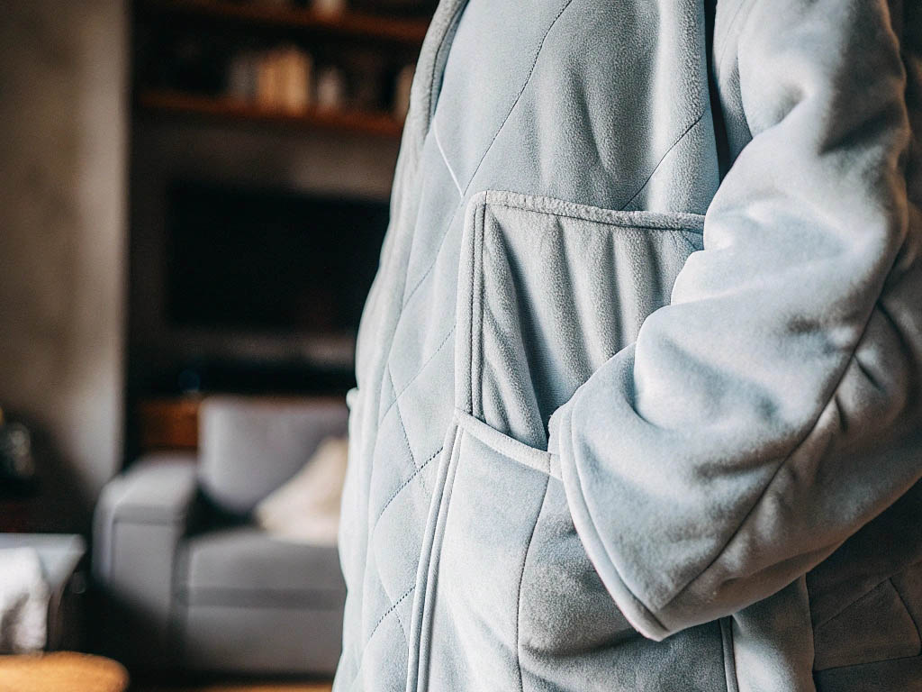 Light gray fleece jacket with quilted stitching and a large front pocket, worn indoors.