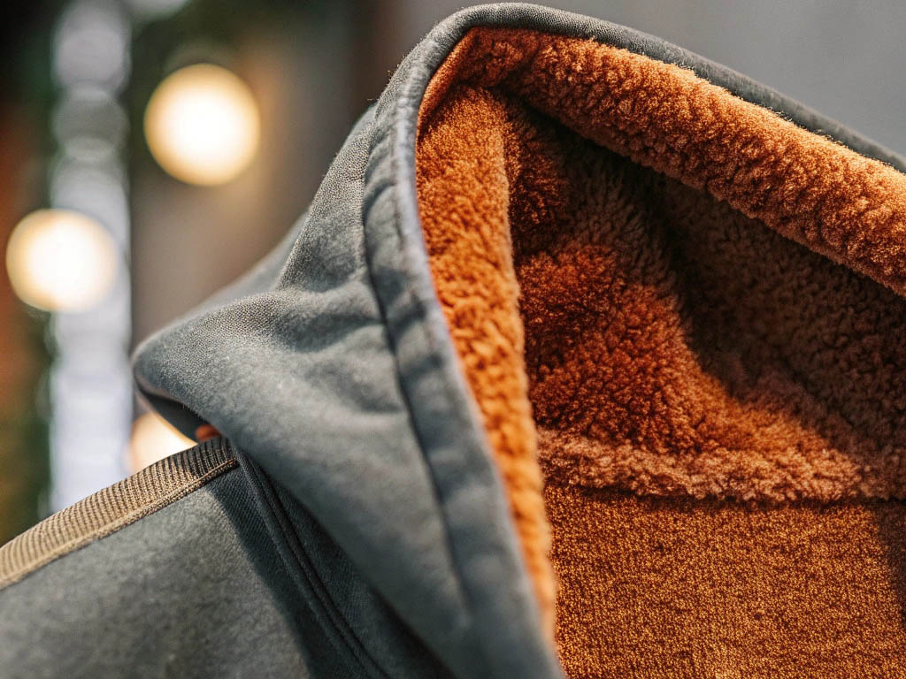 Close-up of a grey hoodie with thick, brown fleece lining for warmth.